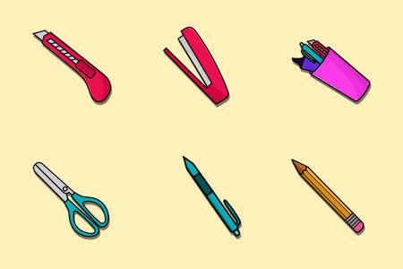 Stationery set isolated vector illustration cartoon style. use for back to school design, education icon, element graphic for poster, banner, web, flyerのイラスト素材
