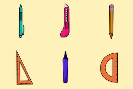 Stationery set isolated vector illustration cartoon style. use for back to school design, education icon, element graphic for poster, banner, web, flyerのイラスト素材
