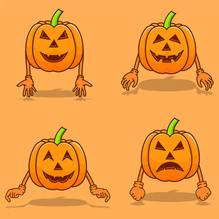 Set of pumpkins halloween with hand and shadow isolated vector illustration. pumpkin halloween bundle design can use for mascot, icon, web, poster, banner, flyer, pamphlet, leaflet, brochure, catalogのイラスト素材