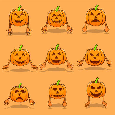 Set of pumpkins halloween with hand and shadow isolated vector illustration. pumpkin halloween bundle design can use for mascot, icon, web, poster, banner, flyer, pamphlet, leaflet, brochure, catalogのイラスト素材