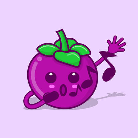 Cute mangosteen character cartoon isolated vector illustration with purple background and shadow. can use for mascot, logo, icon, poster, banner, flyer, pamphlet, leaflet, brochure, catalog elementのイラスト素材
