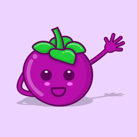Cute mangosteen character cartoon isolated vector illustration with purple background and shadow. can use for mascot, logo, icon, poster, banner, flyer, pamphlet, leaflet, brochure, catalog elementのイラスト素材