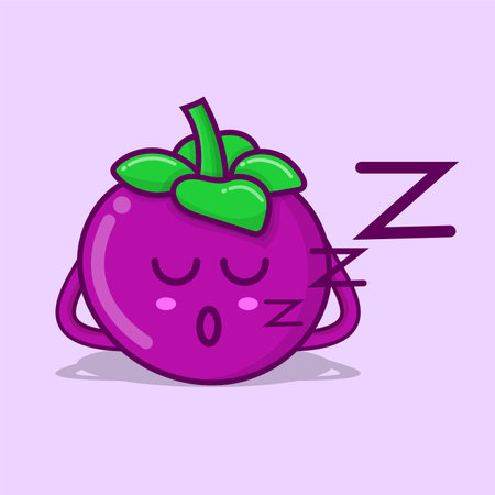 Cute mangosteen character cartoon isolated vector illustration with purple background and shadow. can use for mascot, logo, icon, poster, banner, flyer, pamphlet, leaflet, brochure, catalog elementのイラスト素材
