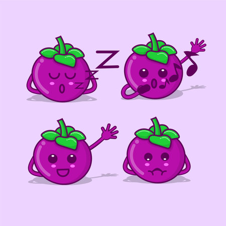 Set of mangosteen character with face and hand on purple background and shadow bundleのイラスト素材