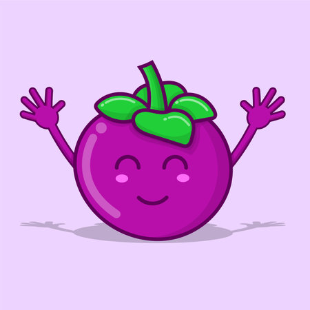 Cute mangosteen character cartoon isolated vector illustration with purple background and shadow. can use for mascot, logo, icon, poster, banner, flyer, pamphlet, leaflet, brochure, catalog elementのイラスト素材