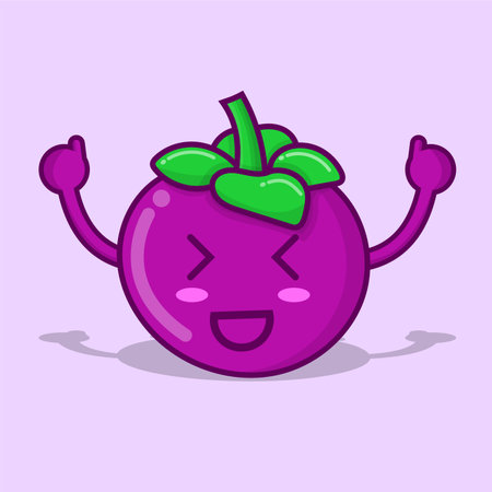 Cute mangosteen character cartoon isolated vector illustration with purple background and shadow. can use for mascot, logo, icon, poster, banner, flyer, pamphlet, leaflet, brochure, catalog elementのイラスト素材