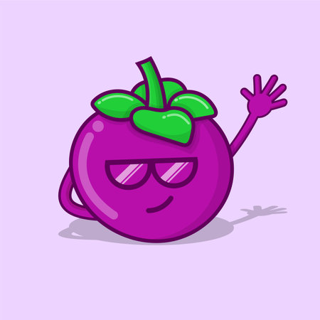Cute mangosteen character cartoon isolated vector illustration with purple background and shadow. can use for mascot, logo, icon, poster, banner, flyer, pamphlet, leaflet, brochure, catalog elementのイラスト素材