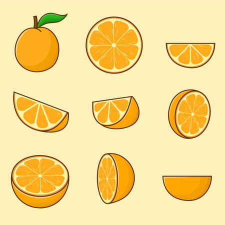 Set of sliced orange isolated vector illustration with outline cartoon style. slice oranges bundle can use for food menu element, icon, symbol, sign, diet, healthy vitamin designのイラスト素材