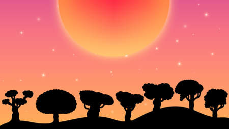 Sunset orange background with stars and planet sun set back ground.のイラスト素材