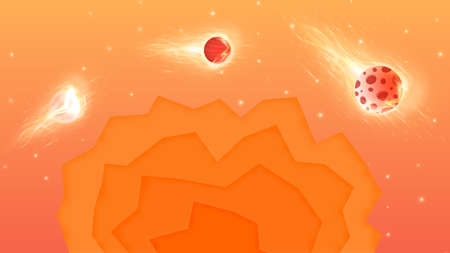 Sunset orange background with stars and planet sun set back ground.のイラスト素材