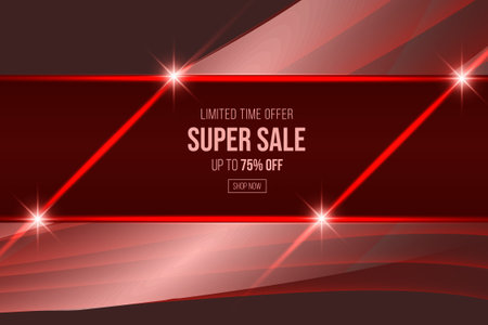Red super sale discount banner with shiny glow effect for advertisement business. can use for poster, business banner, flyer, advertisement, brochure, catalog, web, site, website,のイラスト素材