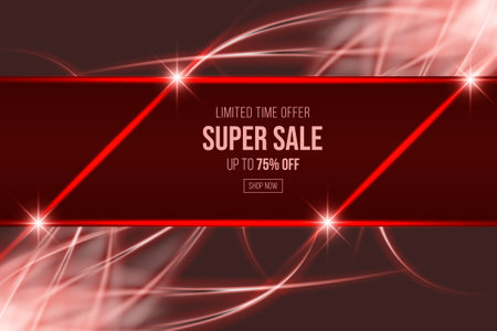 Red super sale discount banner with shiny glow effect for advertisement business. can use for poster, business banner, flyer, advertisement, brochure, catalog, web, site, website,のイラスト素材