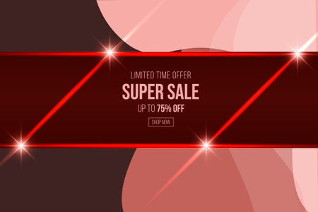 Red super sale discount banner with shiny glow effect for advertisement business. can use for poster, business banner, flyer, advertisement, brochure, catalog, web, site, website,のイラスト素材