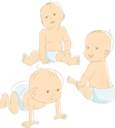 Funny babies in diapers, different positions - crawling, sitting, looking. Artistic vector illustration