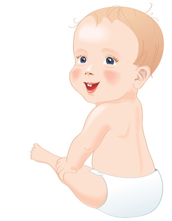 Adorable baby in diapers smiling, sitting with back to camera with turned headのイラスト素材
