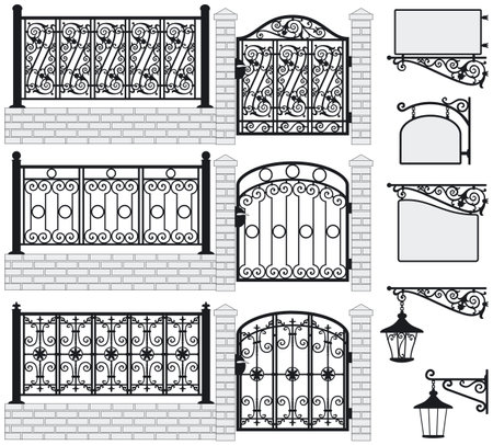 Set of iron wrought fences, gates, signboards and lanterns with decorative ornaments  Vector illustration  のイラスト素材