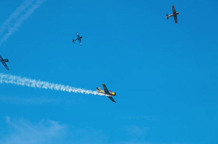 Pair of military aircraft of Red Army attack Luftwaffe fighters. Reconstruction of battle of World War II during the crossing of Dnieper River in 1943.のeditorial素材