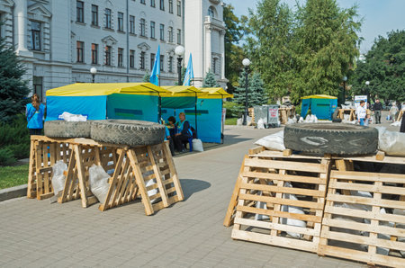 Dnepropetrovsk, Ukraine - October 05, 2015: Barricades and banners on the square near the Dnipropetrovsk regional administrationのeditorial素材