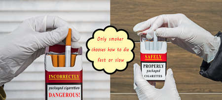 Picture showing incorrect packaging of cigarettes by manufacturers during worldwide spread of viral,...