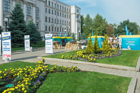 Dnipro, Ukraine - October 05, 2015: Barricades and banners on the square near the Dnipropetrovsk regional administrationのeditorial素材
