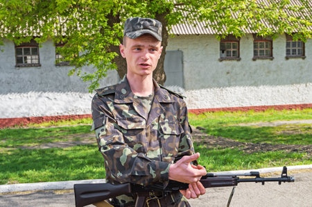 Dnipro, Ukraine - November 18, 2013: Military weaponry instructor Ukrainian armyのeditorial素材