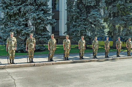 Dnipro, Ukraine - August 23, 2015: Guard of honor during the celebration of the state flag of Ukraineのeditorial素材