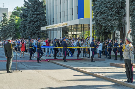 Dnipro, Ukraine - August 23, 2015: Ceremony of raising the national flag near the building of the regional state administrationのeditorial素材