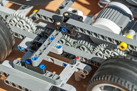 Dnipro, Ukraine - August 23, 2015: Lego Technic. The design of children's self-propelled modular trolleysのeditorial素材
