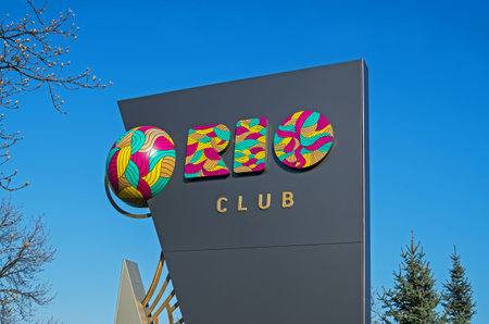 Dnipro, Ukraine - April 07, 2016: Advertising stand places of entertainment in the city centerのeditorial素材