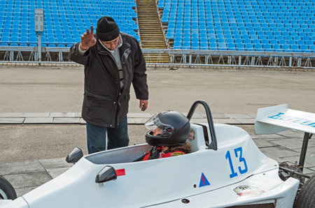 Dnipro, Ukraine - October 06, 2013: Exhibition of cars and motorcycle and other vintage technics. Demonstration racesのeditorial素材