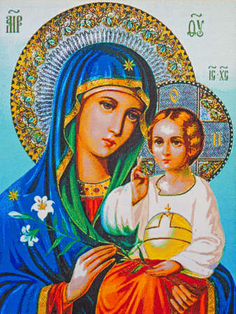 Image portrait of Mother of God and Jesus Christ. Mosaic Beadの写真素材