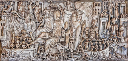 Large ancient roman sarcophagus relief showing a harbor sceneの写真素材