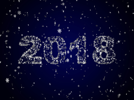 snowflakes falling on a blue background form the number 2018 symbolizing the new year