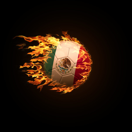 A soccer ball with the flag of Mexico burning with fire flies on a black background 3d renderの写真素材