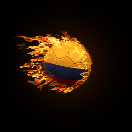 A soccer ball with the flag of Senegal burning with fire flies on a black background 3d renderの写真素材