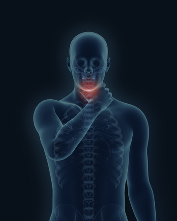 A medical image of a human X-ray scan with a sore throat that is holding on to the throat 3d render front viewの写真素材