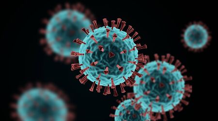 Image of a group of coronavirus under magnification in an electron microscope 3D render isolated on a dark backgroundの写真素材