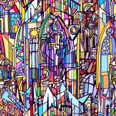 Vector seamless pattern with fictional Gothic city. Daytime. Hand drawn.のイラスト素材