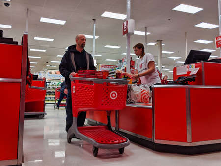 Woodinville, WA / USA - circa February 2020: Customers checking out inside a Target store.のeditorial素材