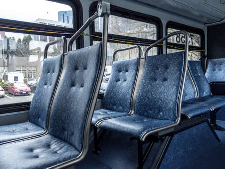 Bellevue, WA / USA - circa January 2020: Inside view of a King County Metro bus that's parked at the Transit Center downtownのeditorial素材