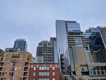Seattle WA USA - circa November 2019: Low angle view of tall business buildings in downtown Seattle.のeditorial素材