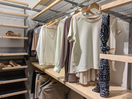 A large, walk in closet with shirts and pants hanging up on hangers and shoes on the shelvingの写真素材