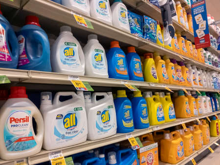 Kirkland, WA USA - circa March 2021: Angled view of a laundry detergent aisle inside a Safeway grocery store.のeditorial素材