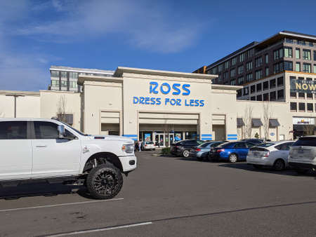 Kirkland, WA USA - circa March 2021: Angled view of the exterior of a Ross Dress For Less clothing store on a sunny day.のeditorial素材