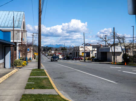 Snohomish, WA USA - circa April 2021: Street view of historic downtown Snohomish's main street, with...