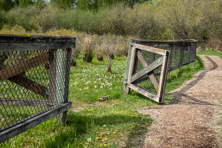 Beautiful view of a dirt path by a wooden fenced in farm on a cloud filled, sunny dayの写真素材