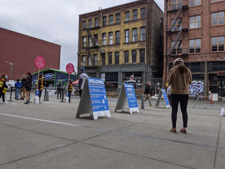Seattle, WA USA - circa May 2021: View of the health screening entrance to get the covid 19 vaccine at Lumen Field.のeditorial素材