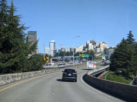 Seattle, WA USA - circa April 2021: View of interstate 5 leading toward downtown Seattle.