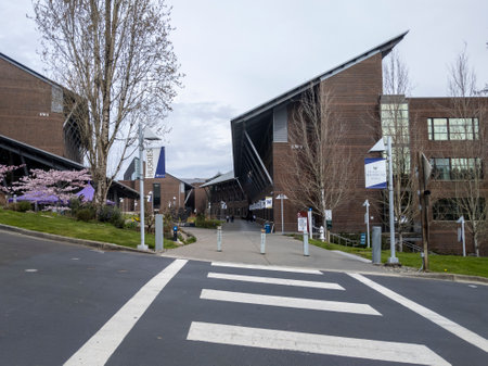 Bothell, WA USA - circa April 2021: View of the large University of Washington Bothell satellite campus on a calm day.のeditorial素材