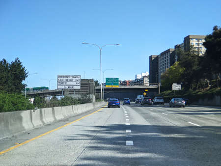 Seattle, WA USA - circa April 2021: View of interstate 5 leading toward downtown Seattle.